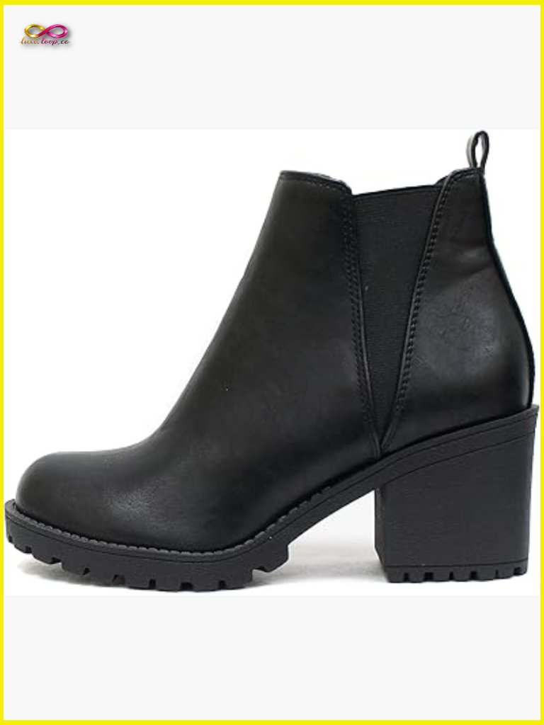 Women Lug Sole Mid Heel Fashion Ankle Bootie W/Double Elastic Gore